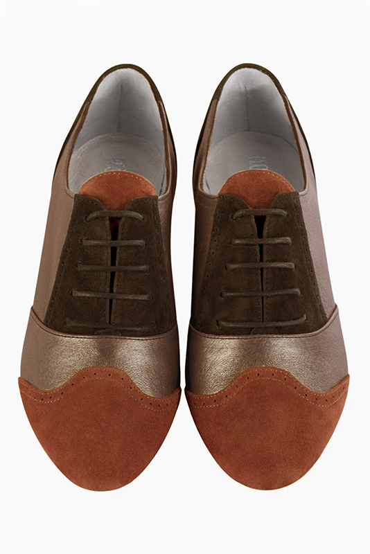 Terracotta orange, bronze gold and dark brown women's fashion lace-up shoes. Round toe. Flat leather soles. Top view - Florence KOOIJMAN